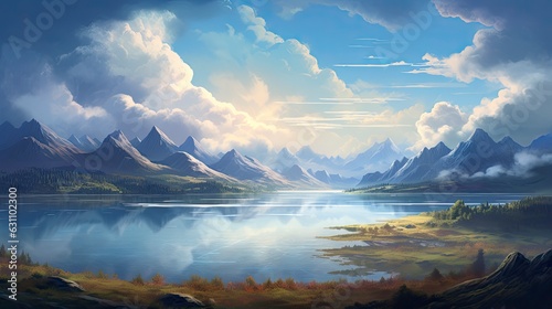  Cloudy sky mountns river and lake landscape design illustration for childrens books