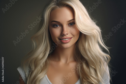 Blond woman smiling. AI generative.