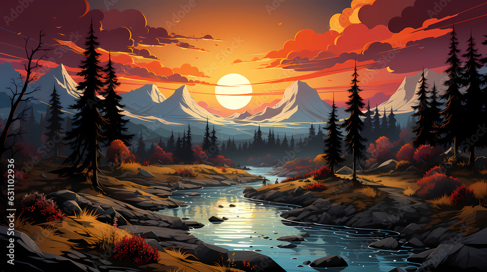 Flat illustration of nature and mountain