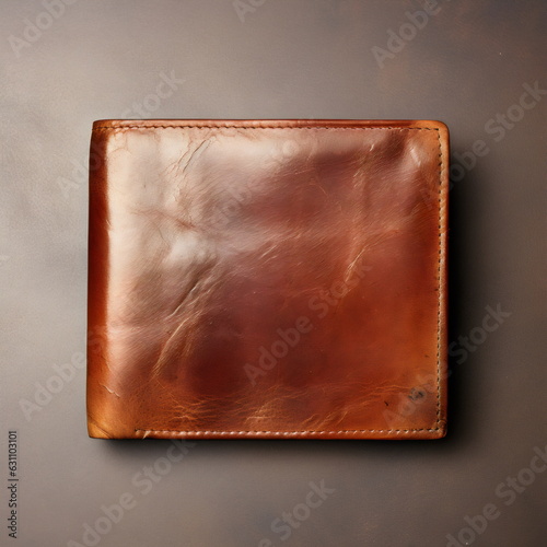 old worn brown leather wallet isolated on plain tan studio background photo