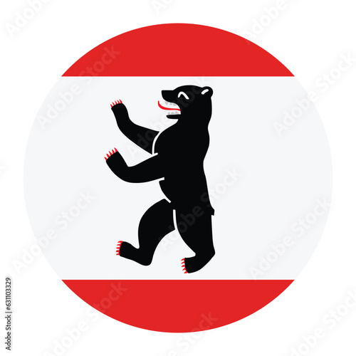 Circle badge Berlin flag vector illustration isolated on white background. Province and city in Germany banner emblem. Berlin coat of arms roundel. Prance bear angry animal. Europe. EU.