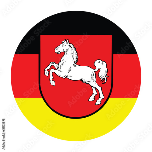 Circle badge coat of arms over flag of Lower Saxony, German. Vector flag Lower Saxony button roundel illustration isolated on white background. Province in Germany banner, Niedersachsen. 