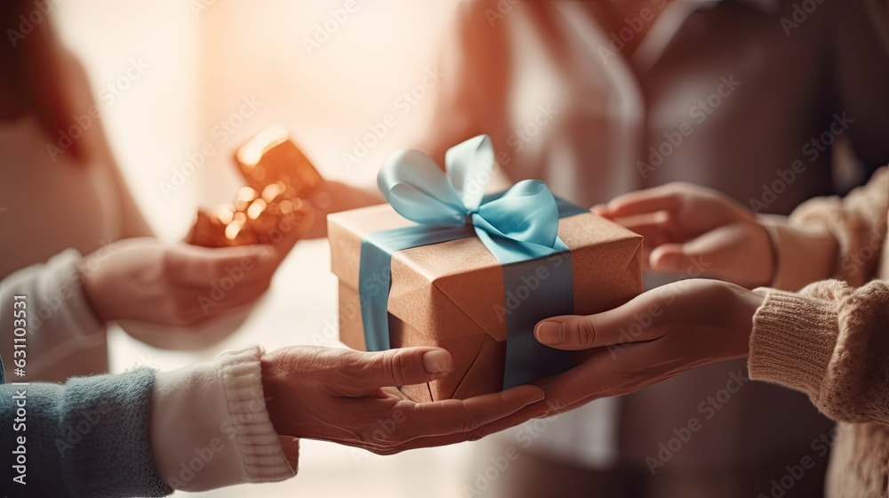 Person hand giving the gift with blur background 