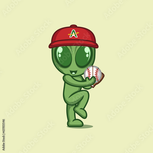 cute cartoon alien playing baseball