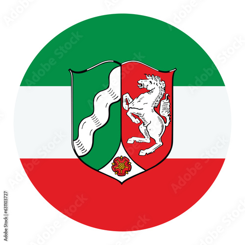 Circle badge North Rhine Westphalia flag with coat of arms vector illustration isolated on white background. Germany province button state roundel. Europe territory.