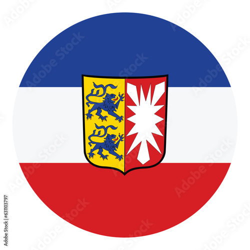 Circle badge Schleswig Holstein flag vector illustration isolated on white background. Province in Germany. Button Schleswig Holstein flag with coat of arms. German territory roundel.