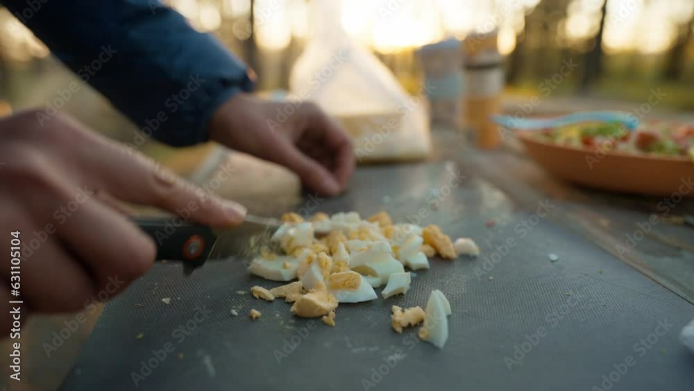 picnic outdoors in nature. woman cooking food outdoors. closeup female hands cutting eggs for salad in autumn forest at sunset. weekend journey and camping in nature picnic outdoors in nature. woman cooking food outdoors. closeup female hands cutting eggs for salad in autumn forest at sunset. weekend journey and camping in nature
