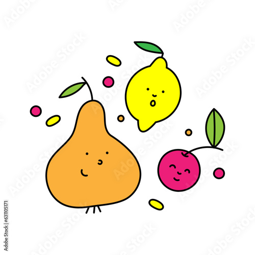 Color vector illustration of pear, lemon and cherry isolated on white background