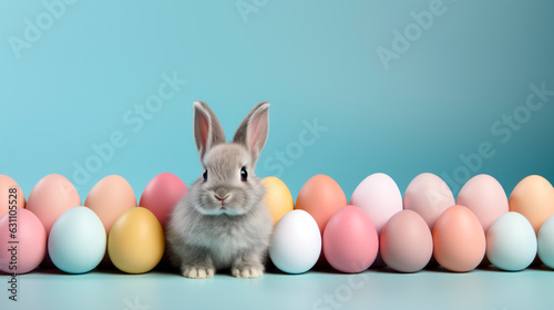 Easter rabbit with color painted eggs on blue background