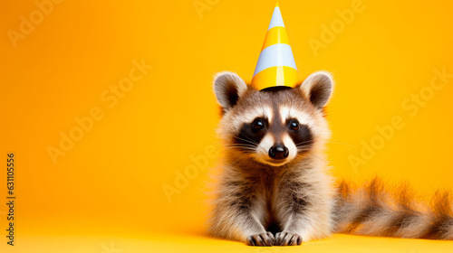 Funny racoon with birthday party hat lying on yellow background