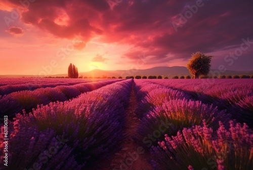 Stunning landscape with lavender field at sunset. Generative AI.