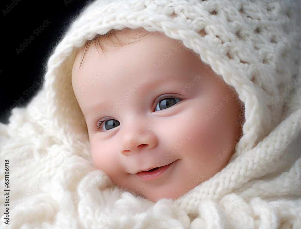 happy little baby wrapped in knitted white or cream blanket, eyes open and smiling happy little baby wrapped in knitted white or cream blanket, eyes open and smiling