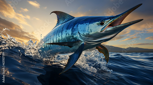 Blue Marlin fish jumping out of ocean water. Generative AI