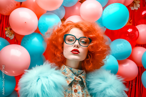 Portrait de mode d'une jeune femme rousse avec un chemisier fleuri et des lunettes devant un mur de ballons - générative ia