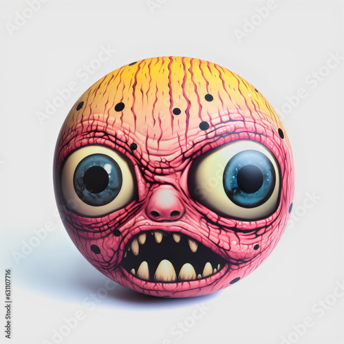 painted ball monster character with sharp teeth and big eyes isolated on light studio background