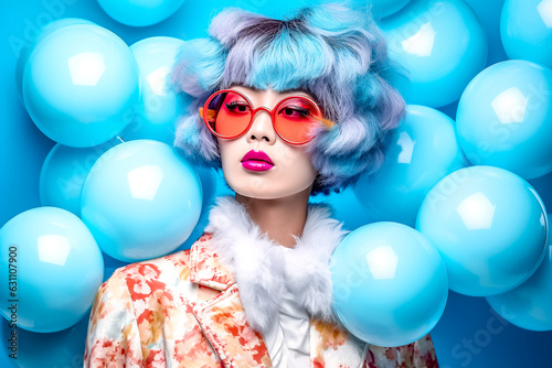 Portrait de mode d'une jeune femme avec les cheveux bleux, avec un chemisier fleuri et des lunettes devant un mur de ballons - générative ia