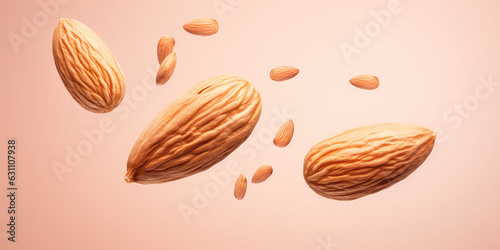 Closeup of almond nuts falling surrounded by almond crumbs isolated on flat pink background with copy space. 3d render illustration style. 