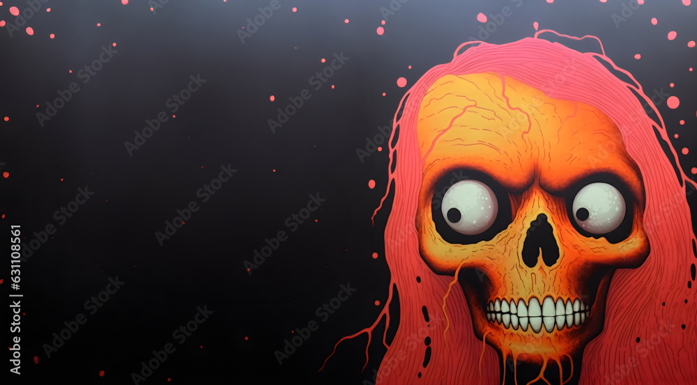retro skull with pink hair on side of halloween black background template with copy space