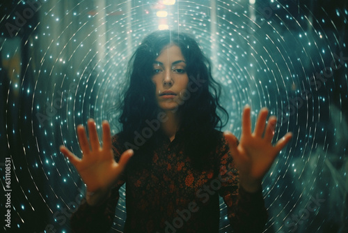 A young woman stands in a tunnel of blue and white lights with her hands raised and as if trying to touch the space, which is distorted by translucent spherical waves. Mystical and magical vibes.