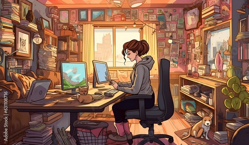 Drawing style image of a home office workplace setup showing a woman sitting on a desk working on her computer.