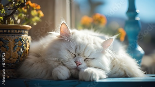 Cute persian cat with closed eyes sleeping photo