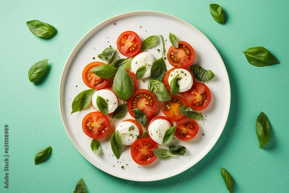 Plate with traditional mozzarella cheese with tomatoes and basil dish Plate with traditional mozzarella cheese with tomatoes and basil dish