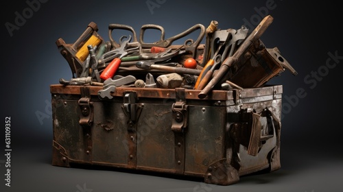 well-worn toolbox filled with various tools photo