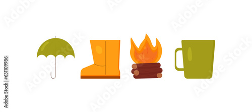 Set on the theme of comfort and warmth in autumn.
A burning campfire, ugg boots, a green umbrella, a green cup for a warming drink.
Vector illustration isolated on white background.