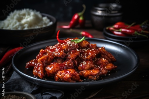 Over a gloomy backdrop, Korean chicken is topped with crimson oil and chili peppers. Generative AI