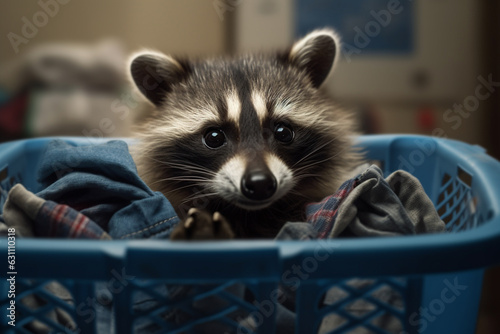 Cheerful Raccoon Sitting in a Laundry Basket, Playfully Peeking Out - AI generated