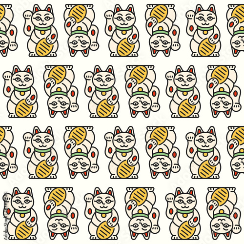 Maneki neko cat with coin seamless background. Line japanese symbol wishing good luck with raised paw. Cartoon vector pattern of wealth, happiness, fortune.
