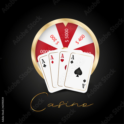 Set of aces with spades, clubs, diamonds, hearts and  wheel fortune in vector