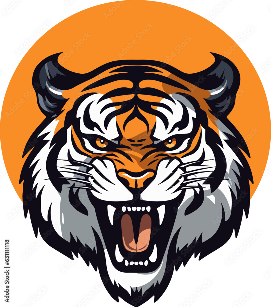 Angry Tiger Head Mascot Logo in orange palette. Vector Illustration Design Concept.