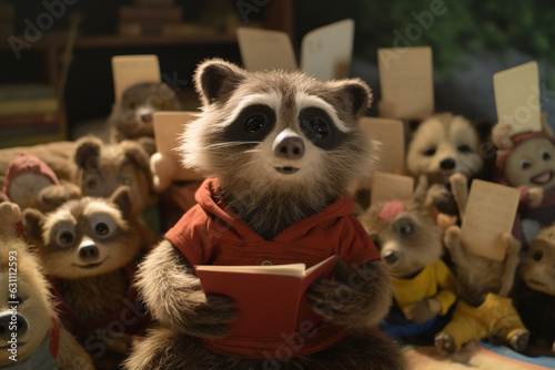 Amusing Raccoon Sitting Among a Group of Little Raccoon Kids  Reading Them a Book - AI generated