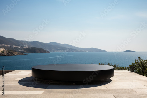 Beautiful round black tabletop counter on interior in clean and bright with shadow , ocean background , ai generative