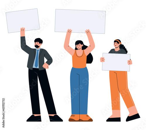 Group of people standing with white banners. Flat vector minimalist illustrations of different people characters