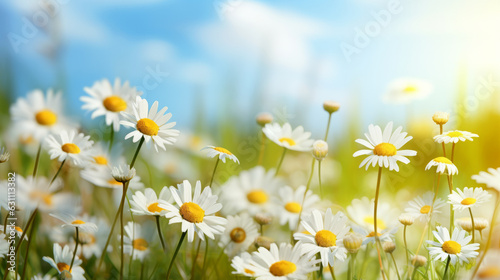A beautiful field of daisies illuminated by the warm rays of the sun
