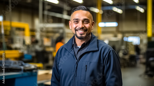 Shot of a handsome bearded factory worker in uniform. Industrial specialist standing in a metal construction manufacture.