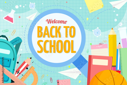 Vector Welcome Back to school background and banner with  magnifying glass and education items.