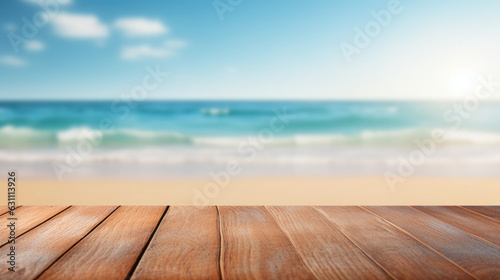 A beach view through a rustic wooden table