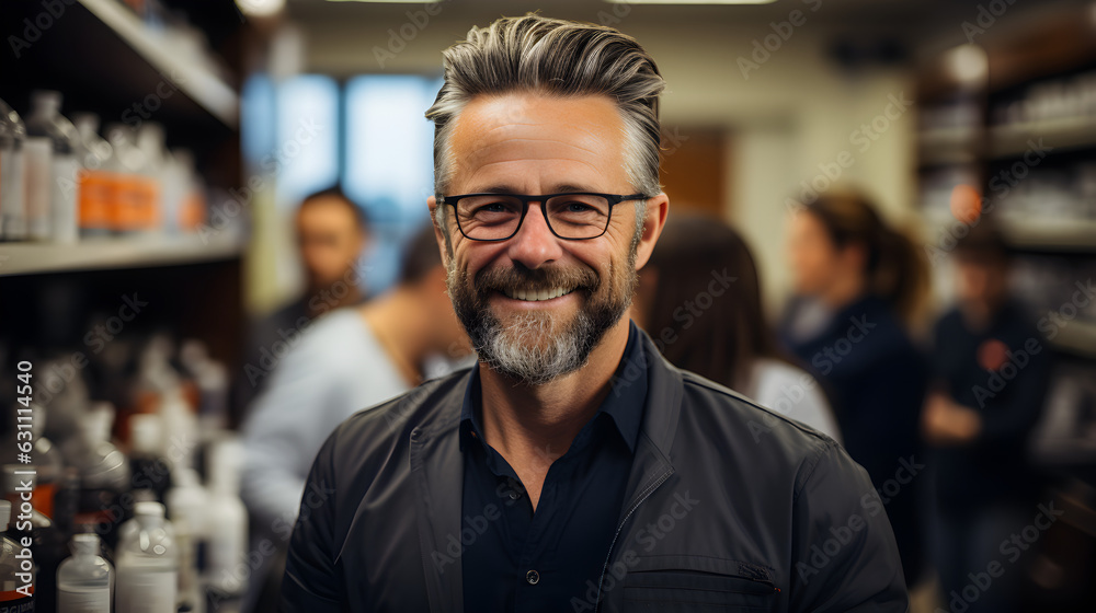 Scientists at the lab The scientist stood confidently with his arms crossed, looking at the camera with a team behind him Generative AI Scientists at the lab The scientist stood confidently with his arms crossed, looking at the camera with a team behind him Generative AI