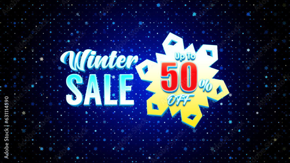 Blue Colorful Shiny Winter Sale Up To 50 Percent Off Lettering On Dark Shiny Snowflake Particles Sparkle Pattern Background