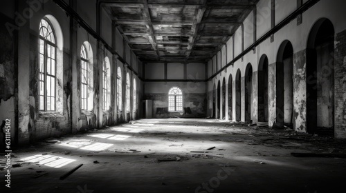 Interior of old abandon building space black and white 