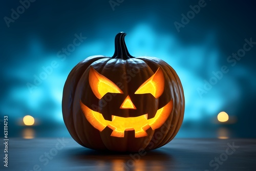 Halloween one carved glowing from inside Jack o lantern pumpkin blue background generative ai