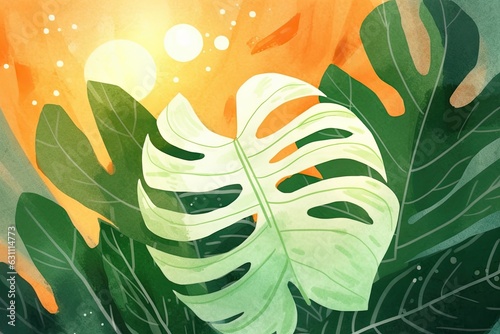 Leafy tropical monstera in an illustrative spring and summer scene. Generative AI