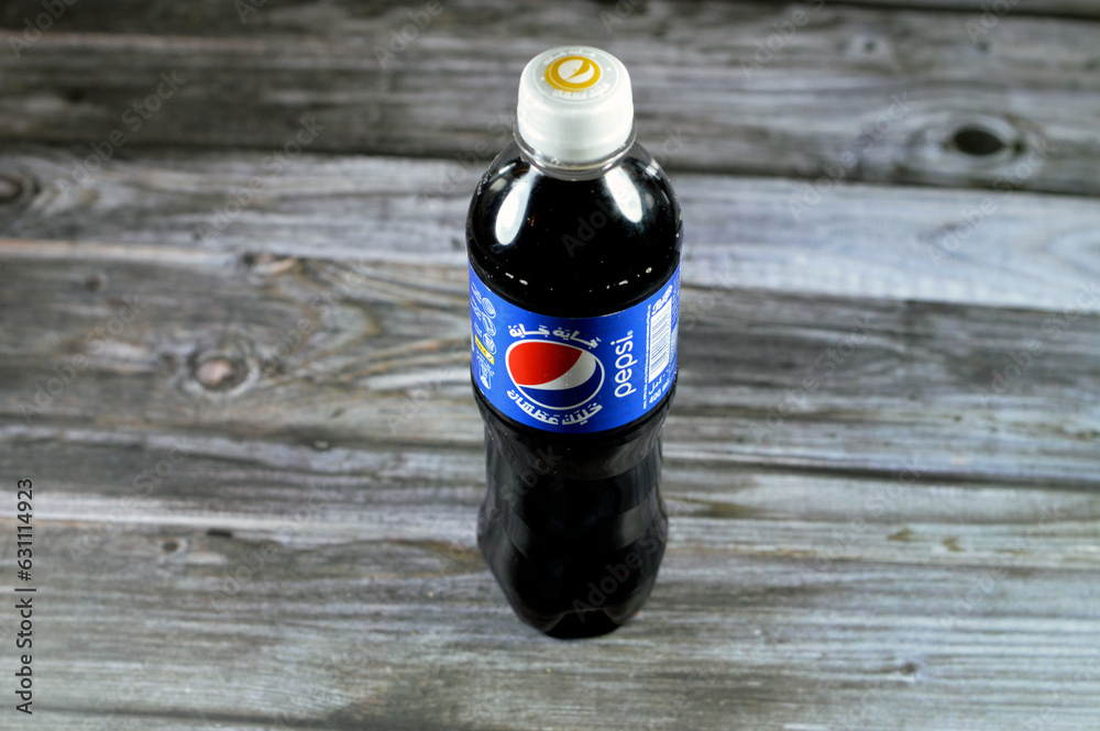 Cairo, Egypt, July 29 2023 Pepsi, a Cola flavor plastic bottle, a