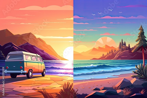 modern van driving by the beach at sunset