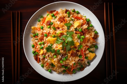 An overhead view of a serving of fried rice with egg, Generative Ai photo