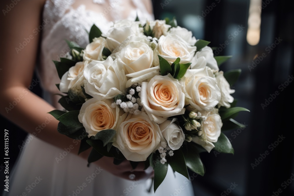 A bride with a wedding bouquet of white roses A bride with a wedding bouquet of white roses