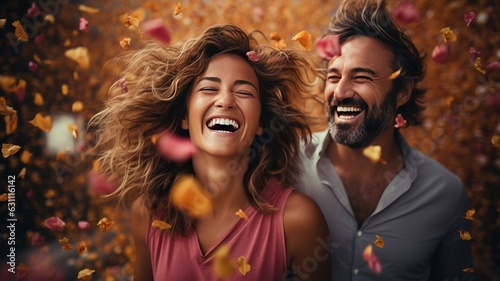 Happy couple with confetti falling from above, generative ai